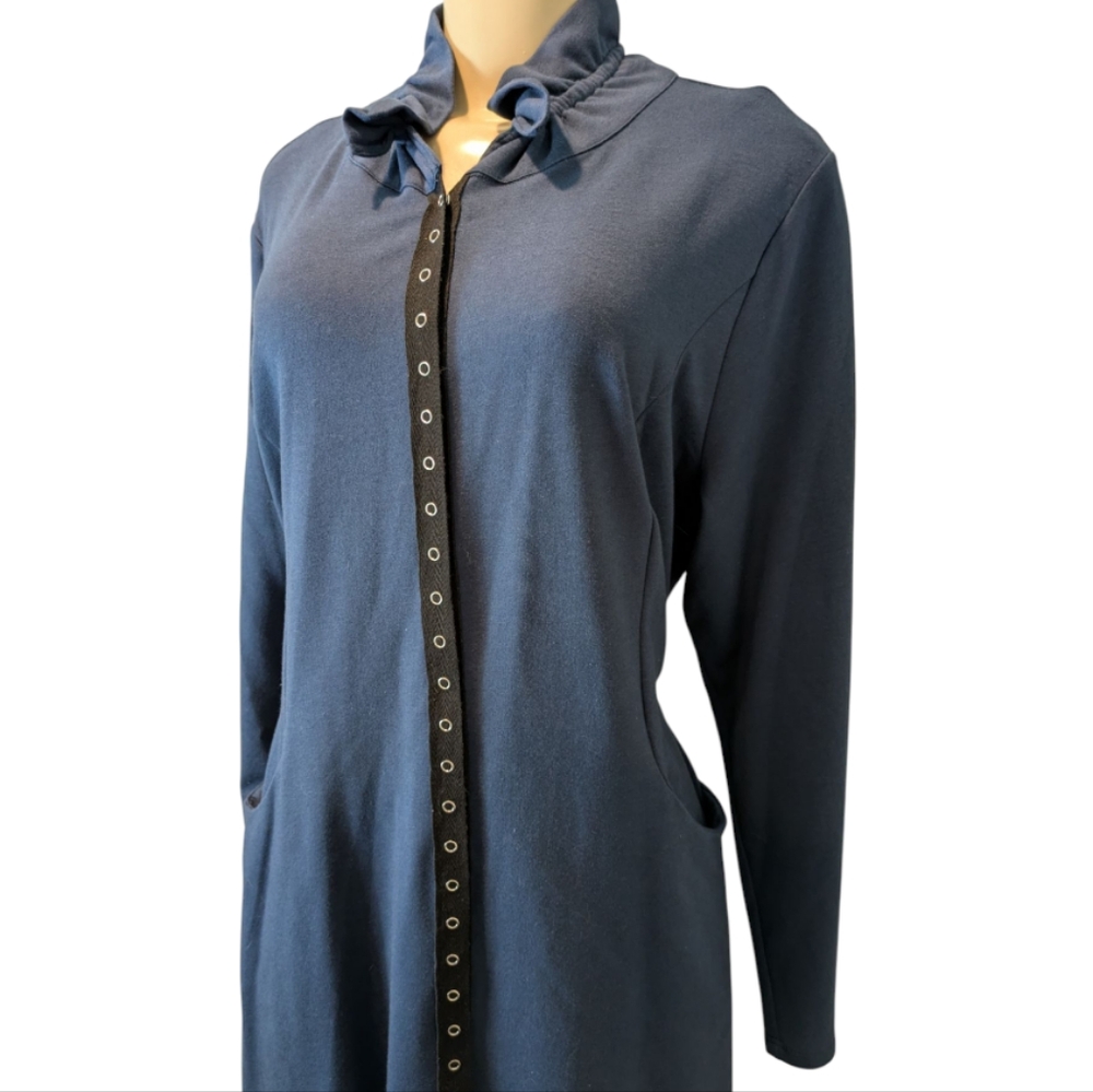 Chalet Blue Jersey Knit Snap Button Front Drawstring Back Longsleeve Dress Small - Picture 9 of 17